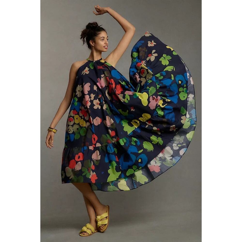 WHIT TWO multicolor Floral Halter lined Sleveless dress size medium summer fun